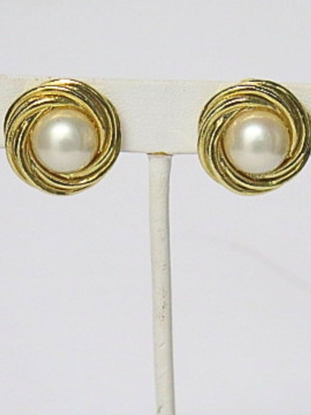 Vintage Faux Pearl Clip On Earrings Gold Tone Swirl Round Estate Jewelry
